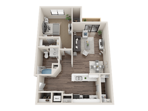 Floor plan for 1 bed, 1 bath, 733 sqft